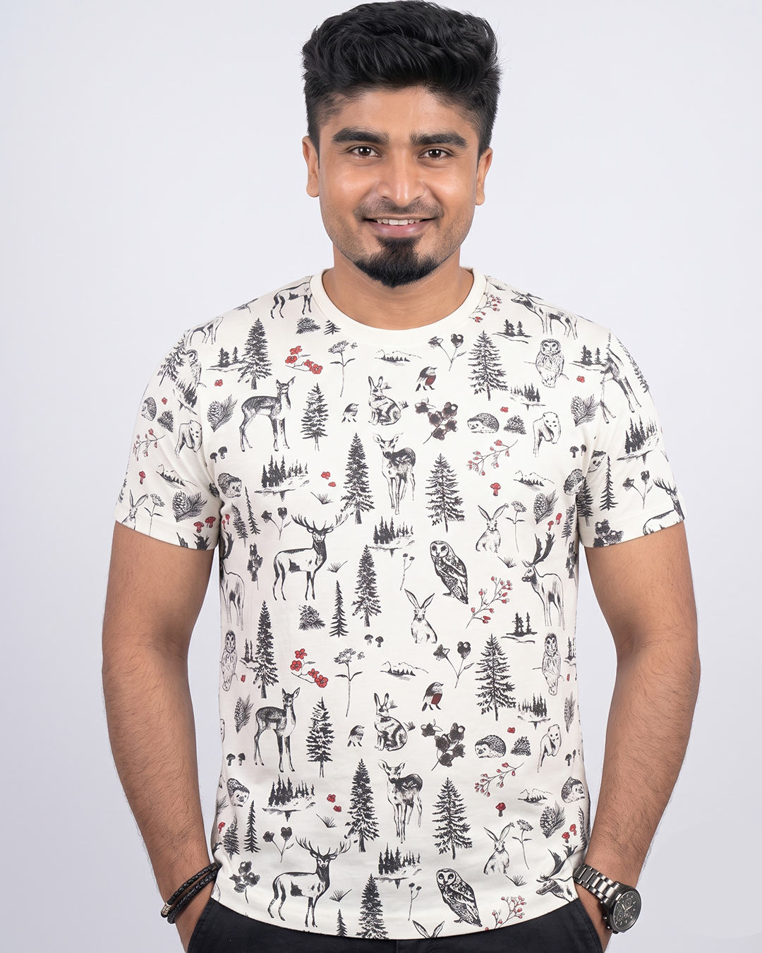 RHS66 Wild Life White Round Neck Half Sleeve