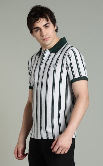 PR3 SS 006 || Green Stripes || 100% Cotton Polo T-Shirt